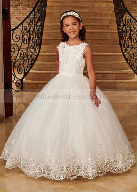 Chic Beaded Ivory Lace Tulle Keyhole Back Flower Girl Dress